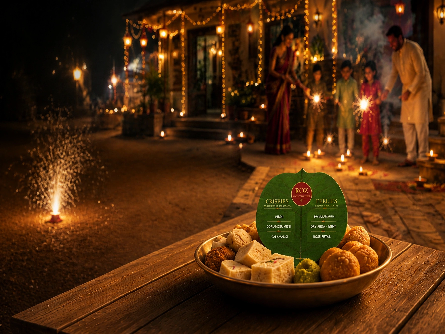 Diwali night: sparklers on the drive, and a ROZ mukhwas leaf pack standing in a bowl of mithai