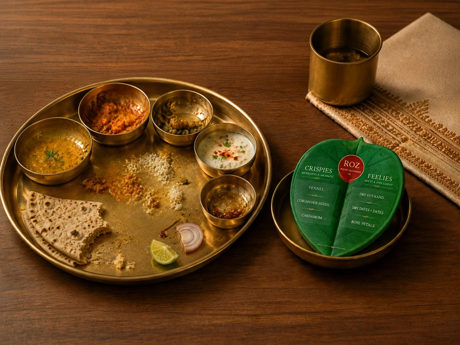 A brass thali of dal, sabzi and roti, a ROZ mukhwas leaf pack waiting on a plate beside it