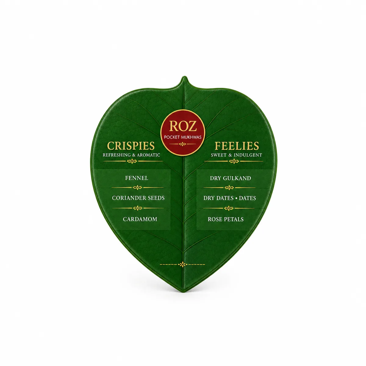 The ROZ leaf pack straight on, both halves of the rose & gulkand blend named