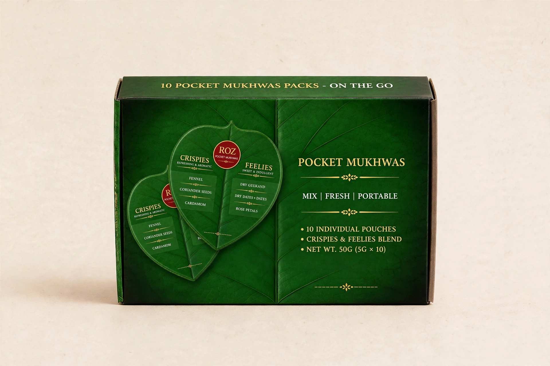 A box of ten ROZ mukhwas leaf packs, straight on, two packs on its face