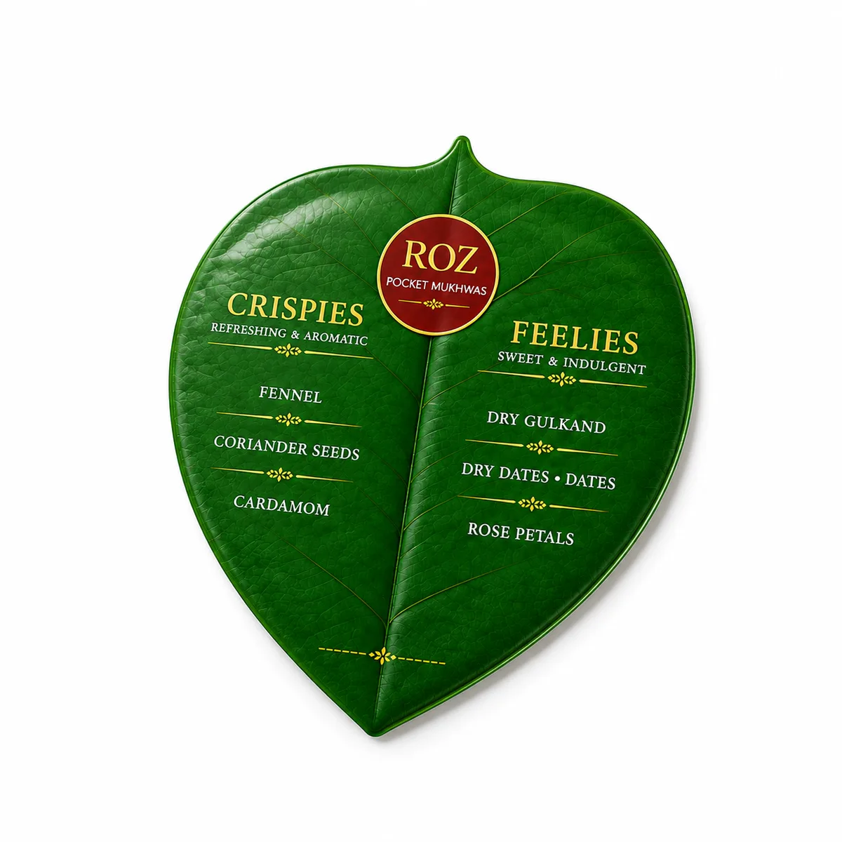 The ROZ leaf-shaped mukhwas pack, crispies and feelies listed on its face