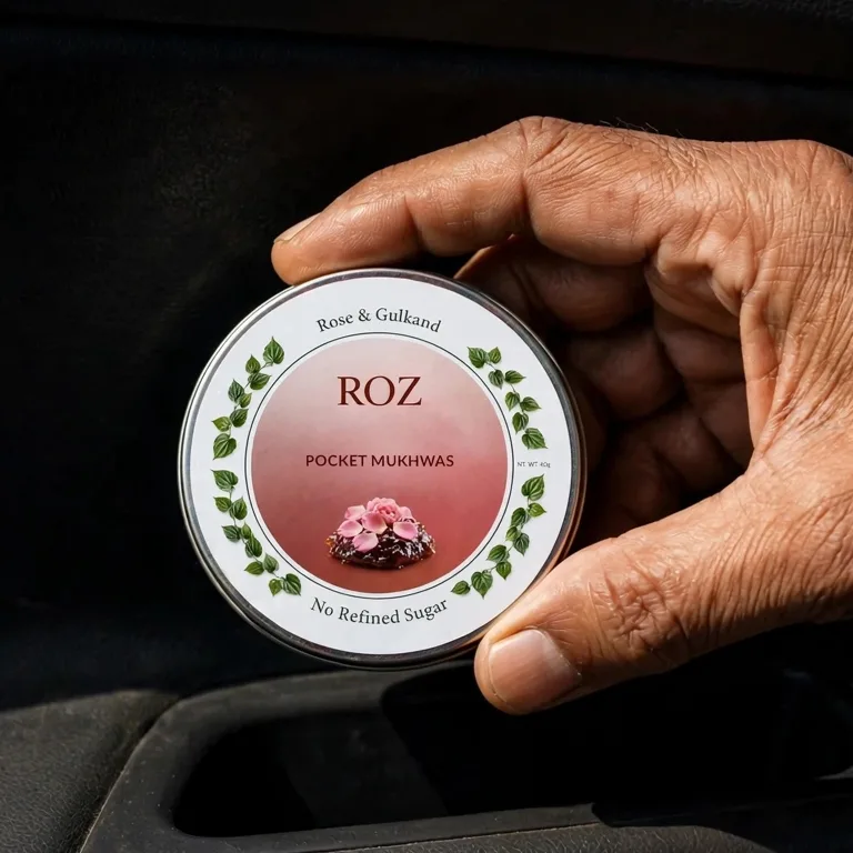 A ROZ mukhwas tin held in one hand, lifted out of a car door pocket