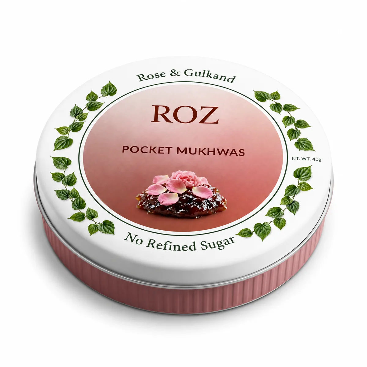 The ROZ rose & gulkand mukhwas tin, closed, lid label facing up